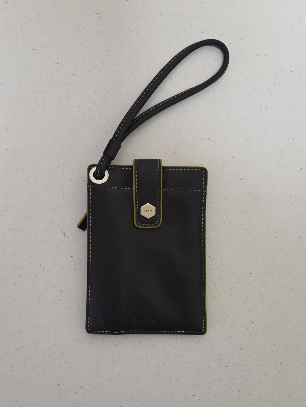 Lodis Black Leather Wristlet Phone Case with Lime Green Trim